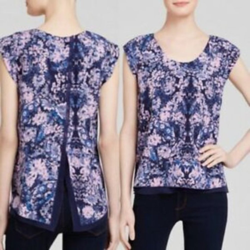 Rebecca Taylor Floral Silk Blouse Top Navy Pink